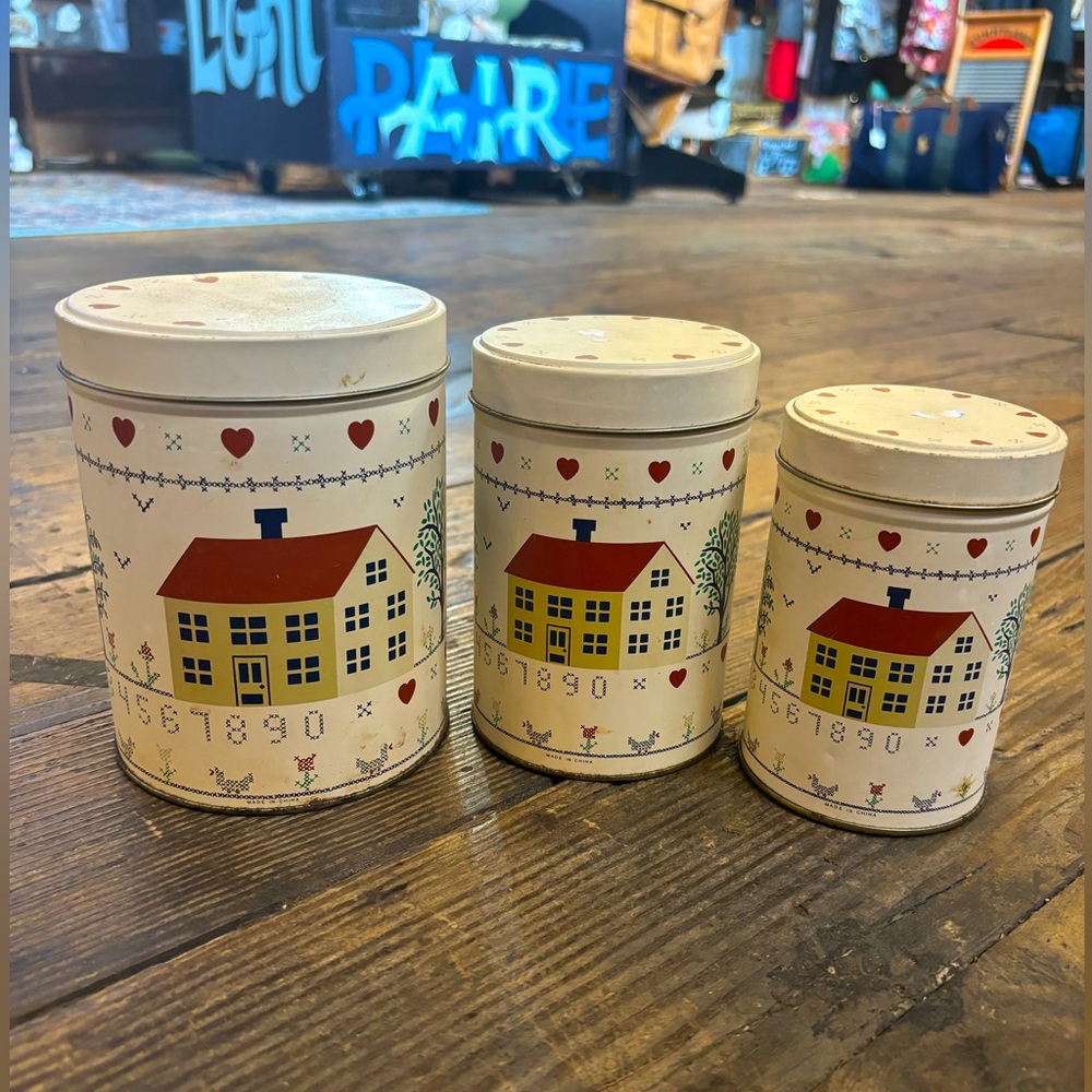 Vintage Cream and Red Decorative Tin Bins